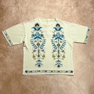 Vintage 70s Jane Colby Floral Folk Art Shirt Top Bohemian Peasant Mod Midcentury